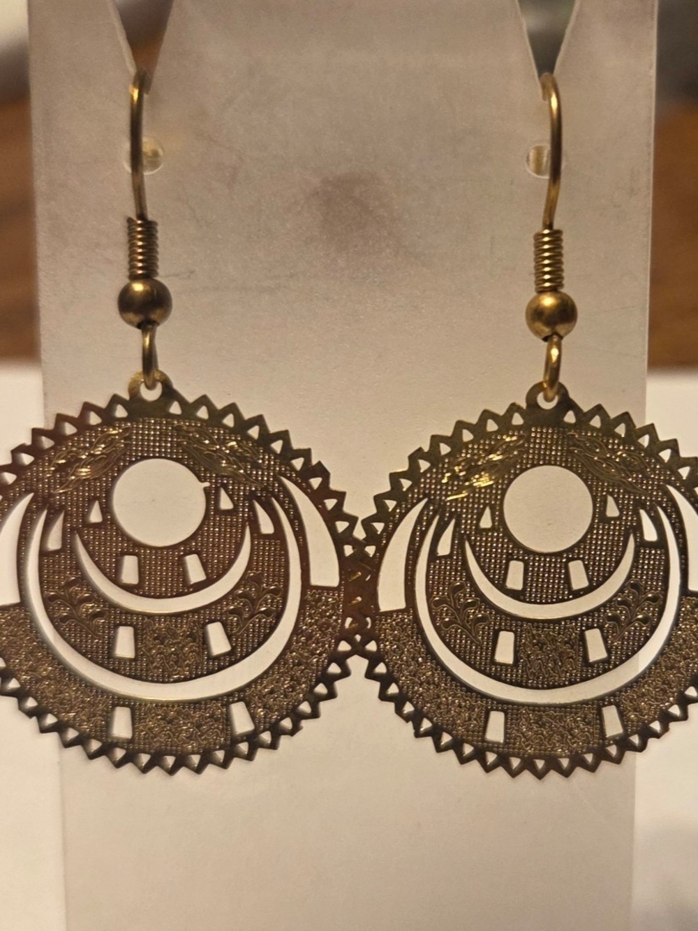 Gold-Tone Filigree Crescent Circle Drop Earrings-handmade - Picture 2 of 2